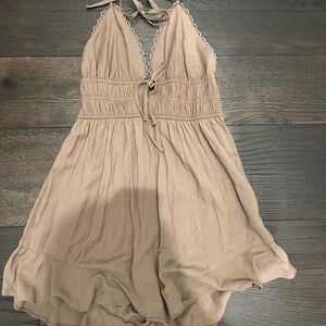 Tan Halter Romper with Lace Trim